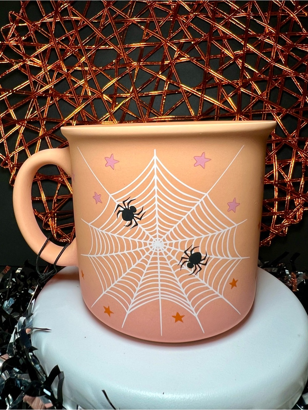 Halloween Light Orange Spiderweb Mug with Black Spiders Ombré Stars Stoneware